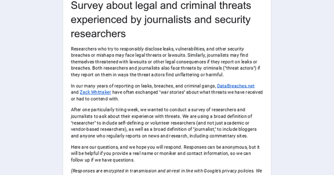 Survey about legal and criminal threats experienced by journalists and security researchers