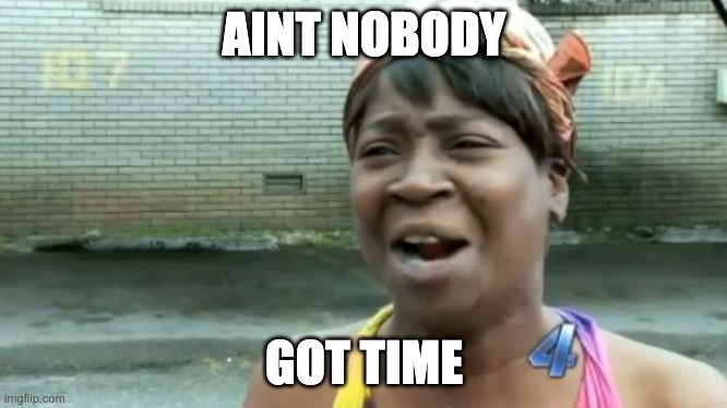 "Ain't nobody got time" (for that) meme without the for that part