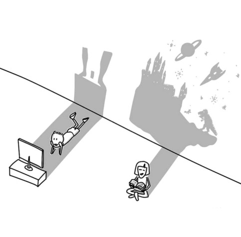 A black and white illustration depicts two children.  One child is lying on the floor, looking at a computer monitor, casting a shadow of a fantasy castle and other elements (a spaceship, planets, a dinosaur) on the wall. The other child is seated on the floor, reading a book, casting a shadow of a castle and other fantastical elements.  The child lying down and the one sitting are positioned diagonally across the image.  The contrast between the child engrossed in a screen and the child happil…
