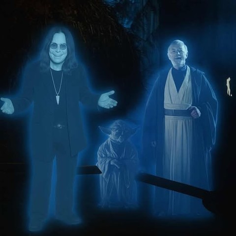 The image depicts a ghostly scene with three figures. On the left, there is a person with long hair, wearing sunglasses and a necklace, dressed in dark clothing, with their arms outstretched in a gesture that suggests they are either welcoming or presenting something. This figure has a translucent, blueish ghostly appearance.

In the center, there is a small figure that resembles Yoda from the Star Wars franchise. Yoda also has a ghostly blue hue, crouching slightly and looking upwards, adding …