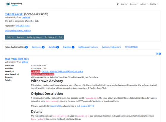 This advisory has been withdrawn because users of Axios 1.10.0 have the flexibility to use a patched version of form-data, the software in which the vulnerability originates, without upgrading Axios to address GHSA-fjxv-7rqg-78g4.