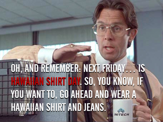 The image is a meme featuring a still from the movie "Office Space". The central figure is a middle-aged man with light brown hair, wearing glasses, a light tan suit jacket over a white collared shirt, and a patterned tie. He is holding a white mug that says "INITECH" on it. He is in the middle of speaking, gesturing with his right hand raised, appearing to be addressing the viewer.

The background shows a glimpse of an office setting, with cubicle dividers and a window visible.

The text overl…