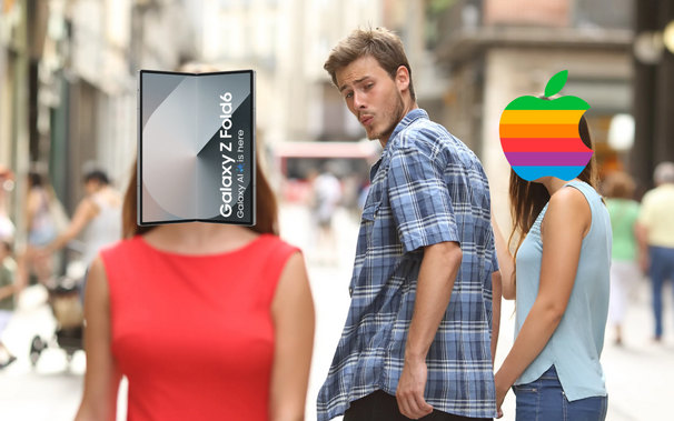 Mem Distracted Boyfriend w którym partner kobiety z logiem Apple zamiast twarzy ogląda się za kobietą z Samsungiem Z Fold zamiast twarzy