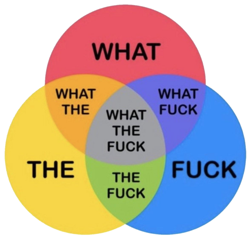 Three circle Venn diagram with WHAT, THE, and FUCK as the outside values. The inside has WHAT THE, THE FUCK, and WHAT FUCK as the 2-tier values with WHAT THE FUCK in the middle.