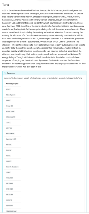 Seeing all the synonyms from a threat-actor on the misp-galaxy.org website