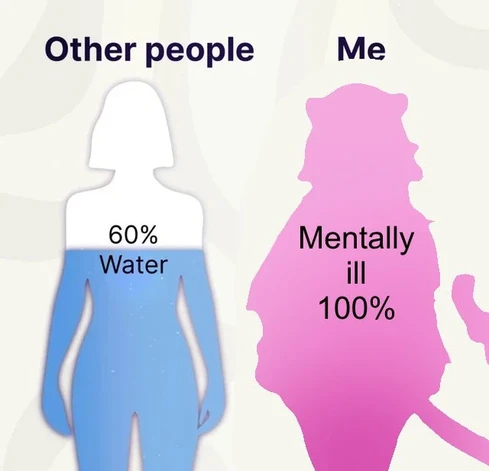 Graphic showing the outline of a human labeled "Other people" with "60% Water", and a catgirl labeled "Me" with "Mentally ill 100%"