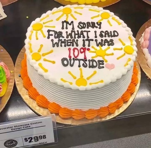 Photo of a round, decorated cake with 7 suns and the following written on it:
I'M SORRY 
FOR WHAT I SAID 
WHEN IT WAS 109°
OUTSIDE