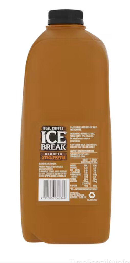 The back of a 2 litre Ice Break (ice coffee) bottle.