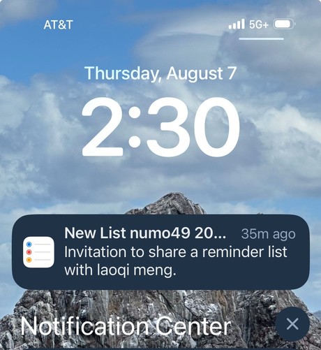 iOS notification saying I have an “Invitation to share a reminder list with Iaoqi meng”