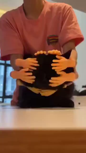 Video of someone petting their black cat while they wear small plastic hands on all their fingers.