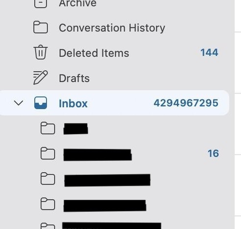 Screenshot of Outlook showing the usual folders like Archive, Conversation History, Deleted Items, Drafts, and Inbox, except Deleted Items has 144 unread items and the Inbox has 4,294,967,295