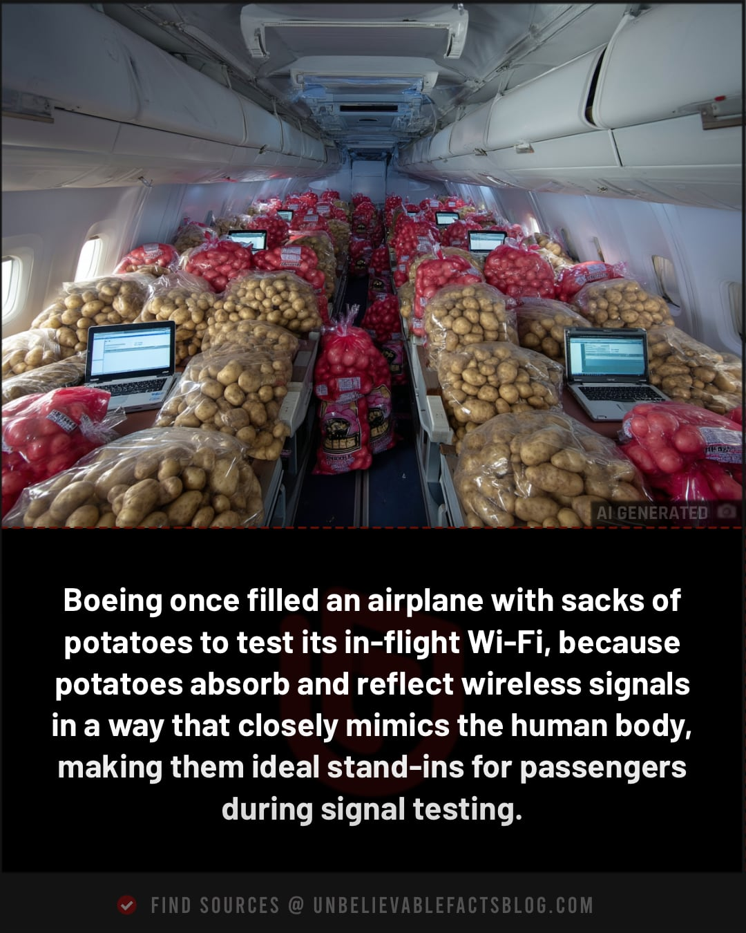 Flugzeug gefüllt mit Kartoffel-Säcken um das WIFI zu testen. Kartoffeln haben die gleiche Absorptionsrate wie menschliche Körper....