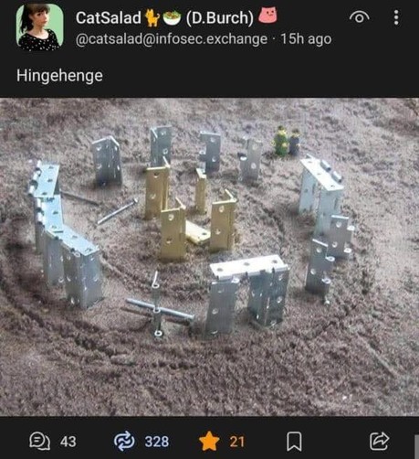 The image shows a circular arrangement of metal brackets and bolts on a sandy surface. The arrangement resembles the ancient stone circle of Stonehenge, with metal brackets standing upright in a circular pattern, some in silver and others in gold. The central area of the circle contains a few gold brackets, and a few bolts are scattered around the circle. In the background, two small figurines are visible, standing on the sand. The image is accompanied by a tweet from the user "CatSalad" with t…