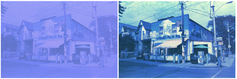 Film photo of a builging in Toronto. Before and after Photoshop.