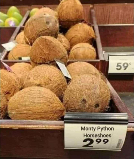 The image showcases a humorous display in a grocery store setting, likely a produce section. The central focus is a wooden tiered shelf overflowing with coconuts. The coconuts are the primary visual element, their brown, fibrous exteriors dominating the scene. The coconuts are arranged in a somewhat haphazard manner, filling the shelf space.

The color palette is earthy, primarily featuring shades of brown and tan from the coconuts. The wooden shelf provides a darker brown backdrop. In the uppe…