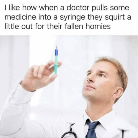 The image is a meme featuring a photograph of a doctor holding a syringe. The doctor, a fair-skinned man with light brown hair, is looking upwards with a thoughtful expression. He is wearing a white doctor's coat, a blue tie with a small knot, and a stethoscope around his neck. The syringe is held in his left hand, and it appears to contain a green liquid with a blue tip. The background is a soft, blurred white. The text at the top of the image reads, "I like how when a doctor pulls some medici…