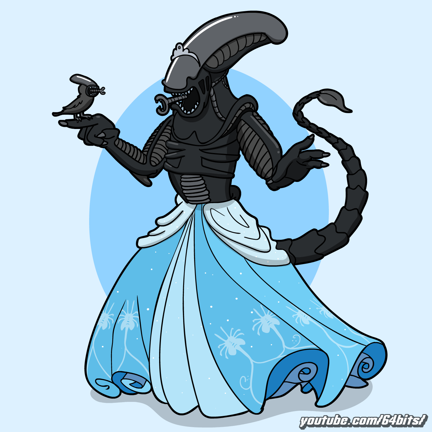 Drawing by 64bits of a xenomorph wearing a dress and a tiara while sticking out its little mouth and singing to a little bird xenomorph on its finger (who is also sticking out at its little mouth).