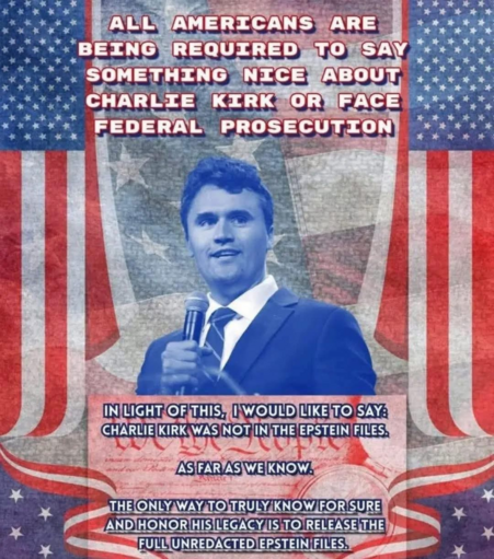 The image is a meme with a patriotic theme, featuring a picture of Charlie Kirk in the center and overlaid with text. The background is composed of stylized American flags and the Constitution.

The central figure is Charlie Kirk, a man in a dark blue suit, white shirt, and a blue patterned tie. He is holding a microphone and appears to be speaking or addressing a crowd. His expression is neutral, with a slight smile. The image of Kirk is in a blue tint.

The text is arranged around Kirk and is…