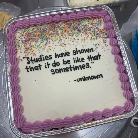 The image showcases a rectangular cake in a foil pan, presented on a metallic surface, possibly a metal turntable or a similar support. The cake is decorated with a white frosting base, upon which a humorous message is written in black script: "Studies have shown that it do be like that sometimes." Below this, the attribution reads "-unknown." The upper portion of the cake is sprinkled with a generous scattering of colorful sprinkles, creating a vibrant contrast against the white frosting. Arou…