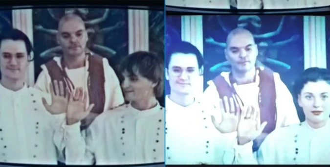 Photo from the article showing a side-by-side comparison of a frame between the official and doctored releases. The male on the right of the left image is female on the right image.

Caption from the article: A gay couple in Australian horror film Together was digitally transformed into a heterosexual couple for release in mainland China. This move is presumed to have involved the use of AI. Photograph: Queer.de