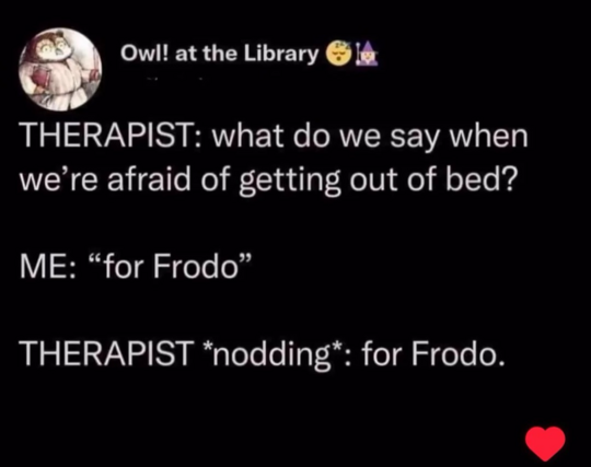 Xd Owl! at the Library @
THERAPIST: what do we say when
we’re afraid of getting out of bed?
ME: “for Frodo”
THERAPIST *nodding*: for Frodo.


