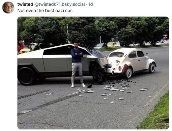 The image presents a scene of a car accident on a paved road. The primary subjects are two vehicles: a Tesla Cybertruck and a classic white Volkswagen Beetle. The Cybertruck is on the left, displaying its characteristic angular, futuristic design with a silver/gray body and dark wheels. The Beetle is positioned on the right, its front end heavily damaged, having collided with the Cybertruck. The Beetle is painted white with red accents on the rear fenders.

A man is standing between the two veh…