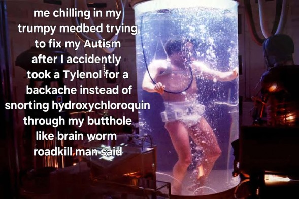 The image depicts a scene that blends science fiction and dark humor. The primary focus is a person submerged in a cylindrical tank filled with a bubbling liquid, presumably water or some other fluid. The person appears to be a man, shirtless and wearing a white diaper-like garment. He's positioned towards the center of the tank, with his arms outstretched, as if floating or being suspended. Bubbles stream around him, creating a sense of movement and indicating the liquid is being agitated.

Th…