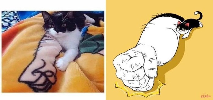 Meme photo redrawing by kokorokeke of kitty laying on a blanket with a fist peinted on it, making the cat look like one of its paw is just a huge forearm and a fist. Kéké’s drawing next to the photo shows what it would look like. I wouldn’t want to arm wrestle that kitty.