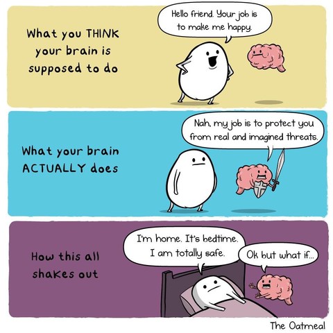 The image is a comic strip divided into three panels, each with a different colored background. The style is simple and cartoonish.

Panel 1: The background is a light yellow. Text at the top reads "What you THINK your brain is supposed to do". A large, white, egg-shaped character with a simple face (two black eyes and a small mouth) is walking towards a pink brain with a happy expression. The brain is in the shape of a human brain with a small mouth. The egg-shaped character has a speech bubbl…