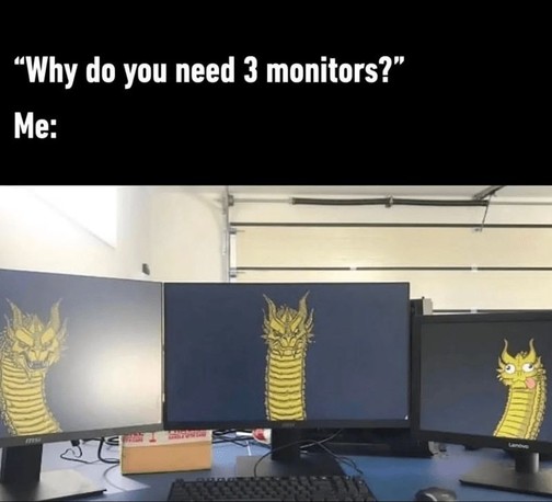 The image is a meme presenting a humorous response to the question "Why do you need 3 monitors?". The top portion of the image is a black background with white text. The text reads: "Why do you need 3 monitors?" and below that, "Me:".

The bottom portion of the image depicts three computer monitors arranged side-by-side. Each monitor displays a portion of a cartoon dragon. The dragon's head is on the left monitor, the neck and body are on the center monitor, and the tail and tongue are on the r…