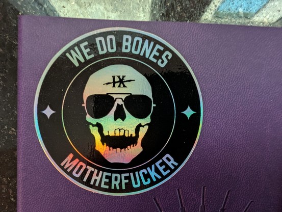"We do bones, motherfucker" — text on holographic skull sticker on purple notebook