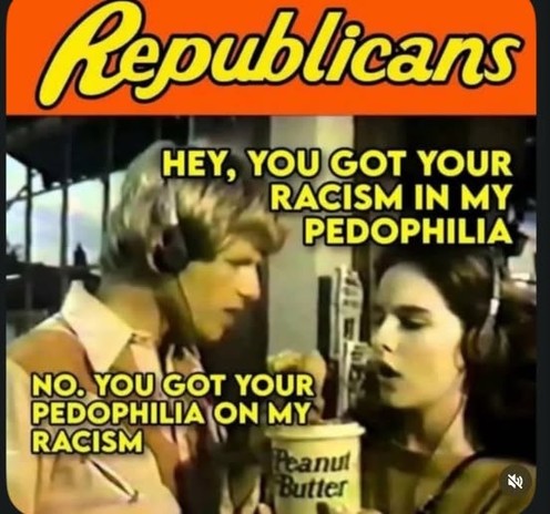 The image is a meme that parodies a well-known commercial. The top of the image features the word "Republicans" in a font and color scheme reminiscent of the Reese's Peanut Butter Cups logo, with yellow text on an orange background. Below this, the meme utilizes a still from what appears to be a vintage commercial featuring two people, a man and a woman, both wearing headsets.

The man is on the left, with light-colored hair and a light-colored shirt. He is looking towards the woman with a slig…