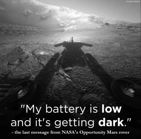 Last message from NASA Opportunity Rover on Mars: "my battery is low and it's getting dark" — black and white shadow of the rover against the landscape of Mars