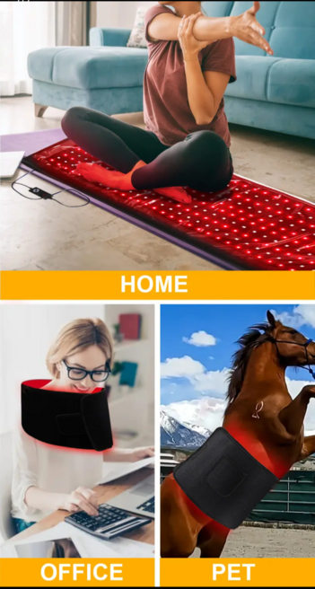 Advertisement with stock photos with red glowing "special effects" for what I guess is a heating pad. First picture, labeled "HOME", has someone doing yoga stretches on a spread out and plugged in mat with red glowy dots on the floor. Second pic, labeled "OFFICE"  shows someone wearing glasses while typing on their calculator and smiling, except the large mat is now small for some reason and wrapped around the model's neck. Last one, labeled "PET", shows a freaking horse outside with that heati…