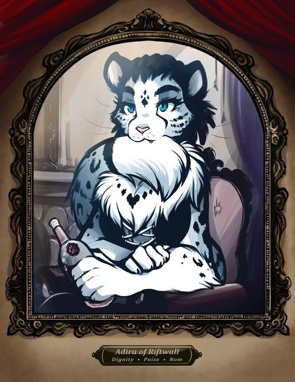 Portrait drawing of Adira of Riftwall from the Twokinds webcomic by Tom Fischbach (official art) showing Adira, the snow leopard, posing for the painting while chomping of her tail and holding a bottle of wine of some sort. Bottom text says:

Adira of Riftwall
Dignity • Poise • Nom
