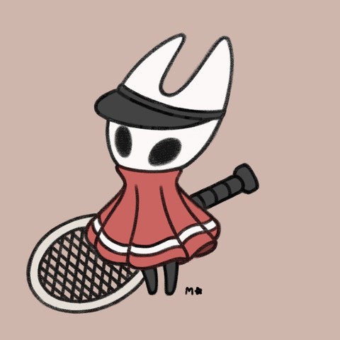 Drawing by meikaartist showing Hornet, the main character from Hollow Knight: Silksong, wearing a tennis outfit an welding a tennis racket as her weapon.