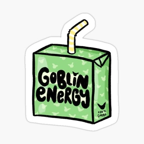 Drawing of a green juice box labeled Goblin Energy (100% Gobbo)