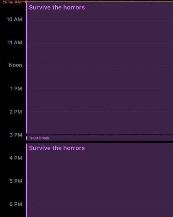 Screenshot of a calendar that is one day long appointment for "Survive the horrors" with the exception of a small ten minute "Treat break" at 3pm