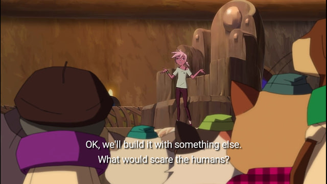 Cartoon: young girl (Kipo) stands in front of an audience of cats, asking "What would scare the humans?"