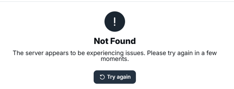 BlueSky error message that says Not Found. The server appears t be experiencing issues. Please try again in a few moments.