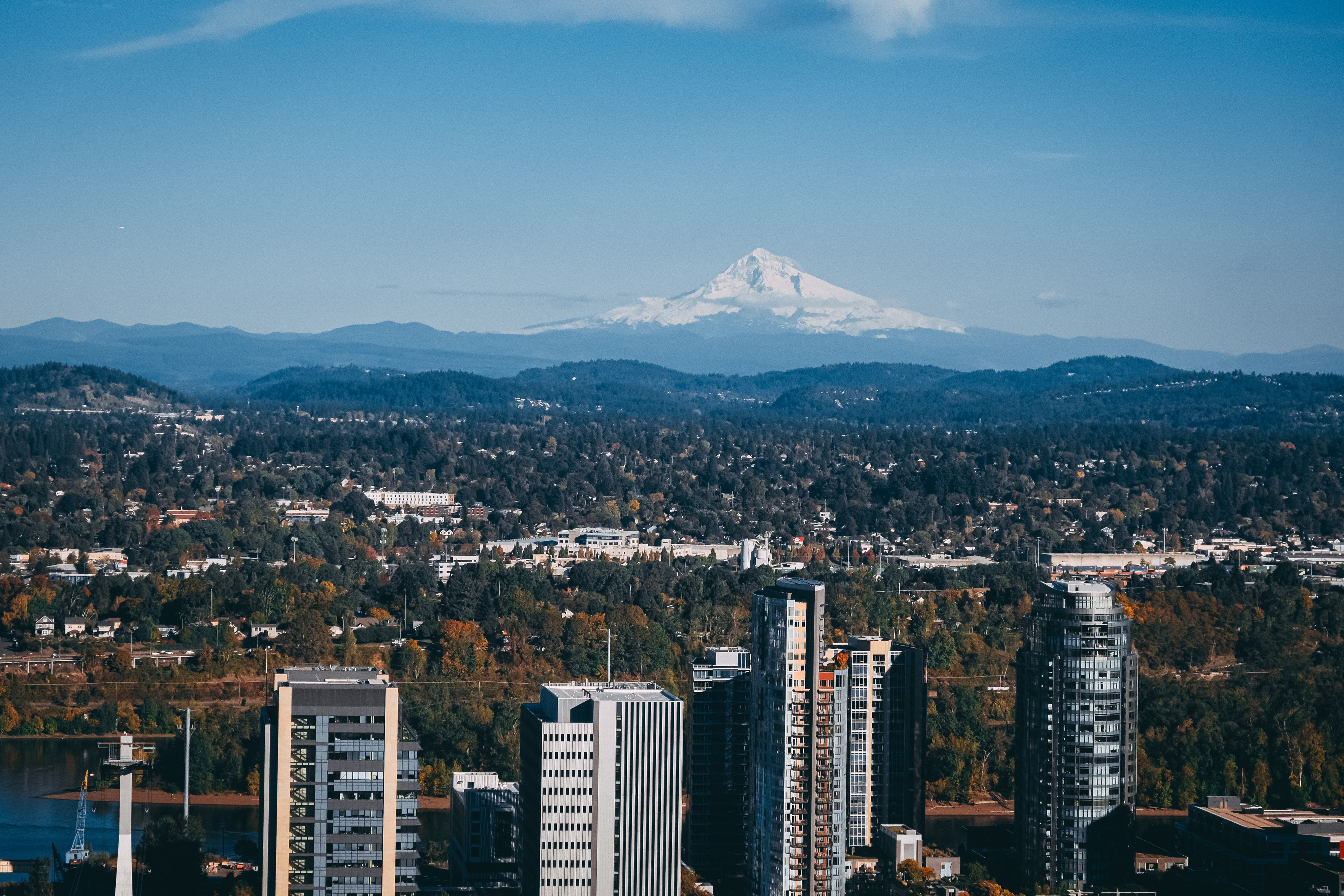 Mt. Hood from the top of the Portland Aerial tram and the neighborhoods next to the Willamette river