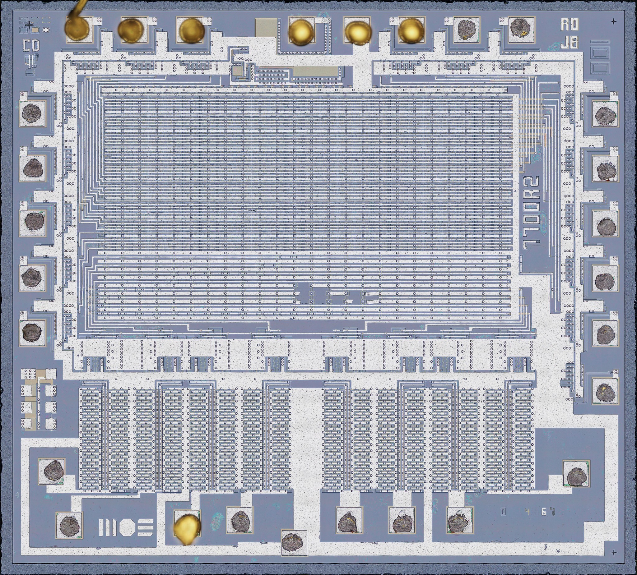 A die overview shot. Top to bottom, the products array, the sums array, and the big, big output driver transistors.