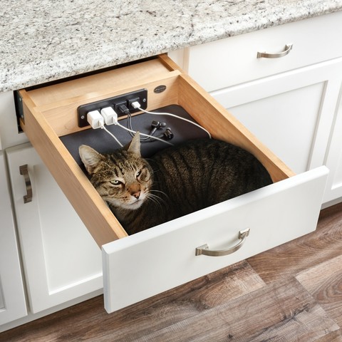 Some photo advertising a charging drawer with multiple plugs and a mat to charge electronics, except someone has photoshopped a cat resting inside it.