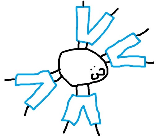 Stick figure drawing of a spider wearing four pairs of pants.