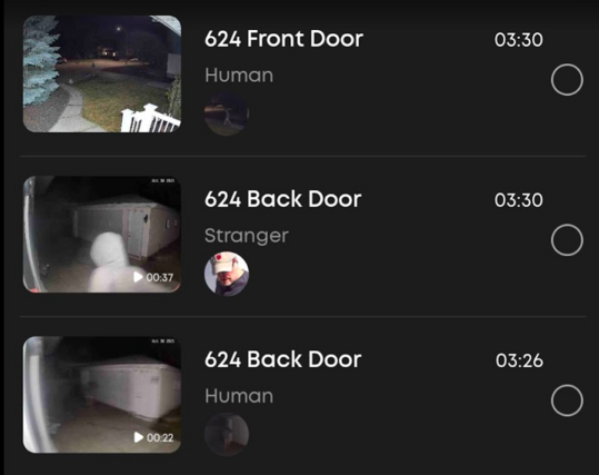 Security camera notifications - human detected at front and back doors.