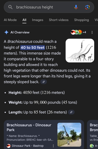 Al Overview of search for "brachiosaurus height"

A Brachiosaurus could reach a height of 40 to 50 feet (1216 meters). This immense size made it comparable to a four-story building and allowed it to reach high vegetation that other dinosaurs could not. Its front legs were longer than its hind legs, giving it a steeply sloped back.

Height: 4050 feet (1216 meters)

Weight: Up to 99, 000 pounds (45 tons)

Length: Up to 85 feet (26 meters)