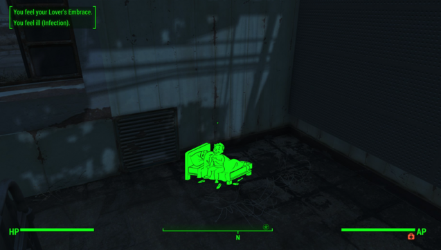 The image is a screenshot from a video game, likely Fallout 4, due to the user interface elements and the stylistic choices. The scene takes place in a dimly lit, enclosed space, possibly a room or a small area within a larger structure.

The central element is a glowing green outline of a person in a bed. This suggests the player character is resting or sleeping. The bed is drawn in the style of the game's user interface, with a simplified, schematic representation of the object and the person…
