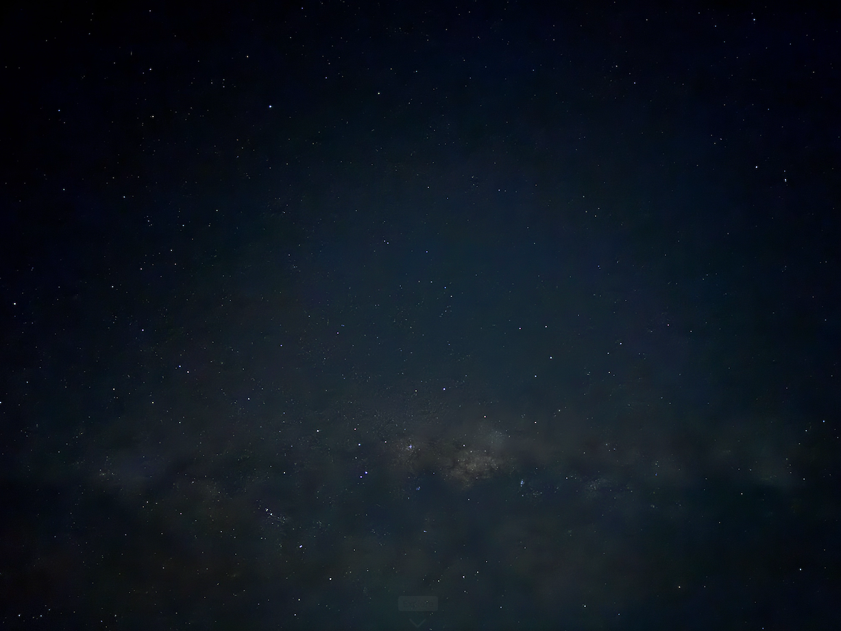 A picture taken with an iphone 15 pro of the night sky in southern Australia, facing south. There are hundreds of stars visible, and the Milky Way can be seen prominently through the bottom third of the picture, a dusty cloud of grey and white and brown, the latter color prominent in the center.