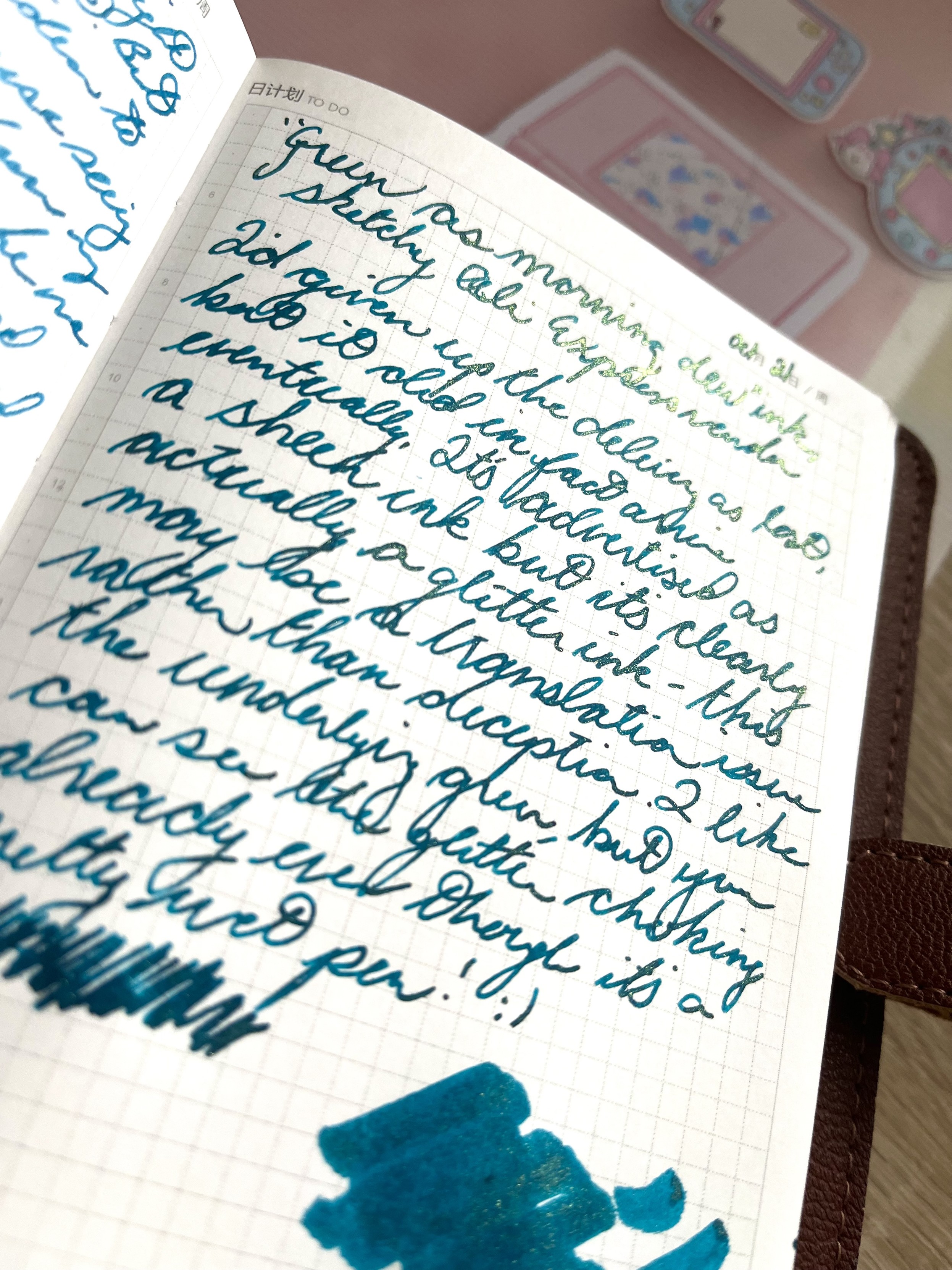 the page at an angle so you can better see the glitter, which in classic glitter ink fashion is heavily concentrated in the first sentence