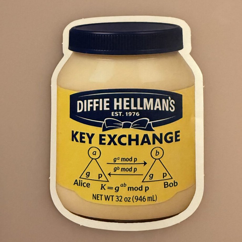 A jar of what looks like mayonaisse, with a label that looks like Hellman's products

Label text:
Diffie Hellmans's
KEY EXCHANGE
a diagram of a key exchange between Alice and Bob
Net WT 32 OZ (946ml)